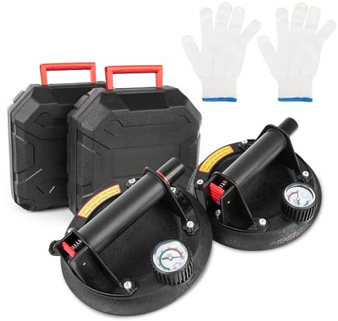 2 PCS Suction Cups, 8 Inch Glass Suckers Heavy Duty Vacuum Lifter with Pressure Gauge and Handle for Tile Granite Lifting&Window Glass Lifting Replacement, 330lbs Load Capacity
