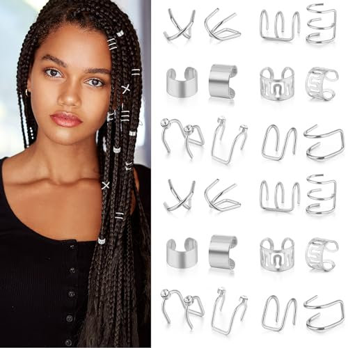 24 Stück Haarschmuck für Zöpfe,Haar Schmuck,haarringe Dreadlocks Schmuck,dreadlocks schmuck für Zöpfe Loc Schmuck Für Haar Nicht Durchdringende Ohrclips Haaranhänger für Damen und Herren (Silver)