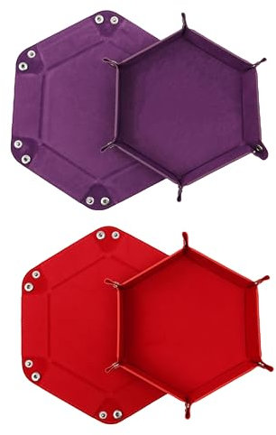 2 Stück Faltbare Würfelbretter Doppelseitig Würfelbrett, Samt Faltbar Würfeltablett Hexagon Würfelteller Leder Würfelbretter für RPG DND Dragons Würfel Spiele (Rot - Lila)