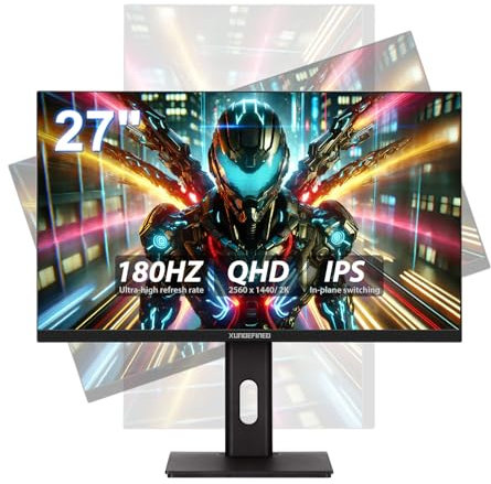 XUNDEFINED Monitor de 27 para Juegos, 180Hz, 2560x1440, IPS rápido, 2X HDMI 2.0, 2X DisplayPort 1.4, 114% sRGB, HDR10, FreeSync y G-Sync, Ajustable en Altura/Giro/inclinación, sin Marco en 3 Lados