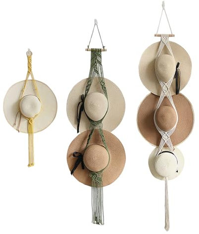 3 Ganci Macramè per Cappelli da Parete Stile Bohémien, Organizer per Fedora a Tesa Larga, Decorazione da Parete (Stile 3 Pezzi)