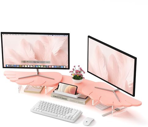 AFOOYO Doppel-Monitor-Ständer, Flügelform, stabiler Schreibtisch-Computer-Holzständer für 2 Monitore, niedlicher Monitor-Erhöhung für Laptop, PC, Computer, Rosa