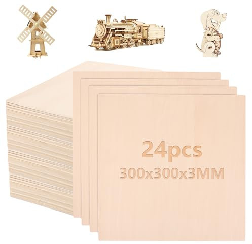 CYEER 24 fogli di compensato 3 mm, 300 x 300 mm, legno di tiglio, legno non trattato, pannelli di compensato, pannelli di balsa per fai da te e artigianato, progetti laser, incisioni cave