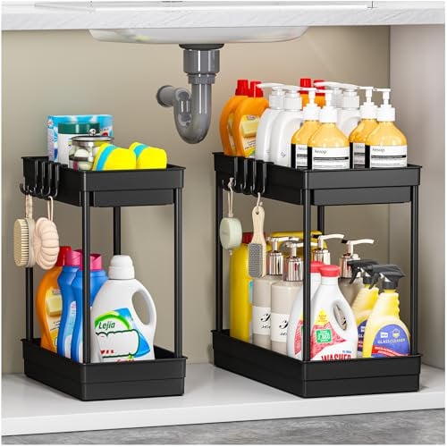 TidyTrove 2 Paquete Organizador Bajo Fregadero - Organizador Cocina 2 Niveles para Debajo del Fregadero,Organizador Baño con 8 Ganchos,Negro