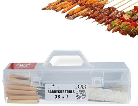 scyca BBQ Accessories Set, BBQ Tool Set, Set of 36 Skewers with Wooden Handle, Barbecue Spatula Tool, Storage Box Attached Grill Tool for BBQ Enthusiasts for Camping, Kitchen