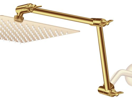 Rain Shower Head Extension Arm, 16 Inch Joint Metal Shower Extented Arm, Height/Angle Adjustable Double Adjustable, with 1/2 Universal Connection, Flexible Rise or Lower, Gold