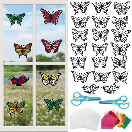 LOEPENLE 20 Stück Schmetterling Bastelset Kinder Fensterbilder Basteln Schmetterling Papierbastelset Kreative DIY für Mädchen Jungen Kindergeburtstag Sommer Frühling Party Geschenke