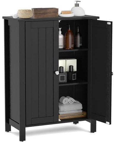 GIANTEX Freistehender Badezimmerschrank mit 2 Einlegeböden, mit 2 Holztüren, 60 x 30 x 80 cm, 3 Farben (Schwarz)