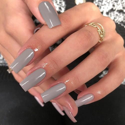 SXVME Dark Gray Press on Nails Long Square, Acrylic False Nails Medium Coffin, Glossy Gel Fake Nails Press on, Sheer Gel Stick on Nail for Women, 24 Pcs