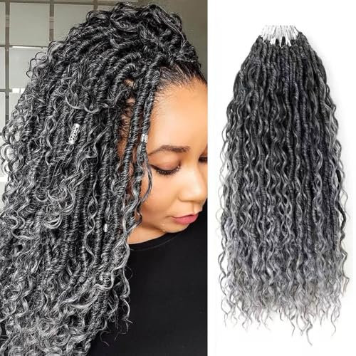Saisifen 96 Mèches Tresse Au Crochet Boho Goddess Locs pour Femmes Noires, Faux Locs Souples Avec Extrémités Bouclées, Tresses Au Crochet Pré-bouclées Du Noir Au Gris 14 Pouces(35cm)