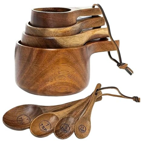 Wooden Measuring Cups and Spoons Set | 4/8 Pieces Wood Spoon Cup Measurements Set | Stackable Cooking Spoon Cup Sets for Bakers & Chefs | Multi Function Spoons and Cups for Coffee, Sugar & Salt