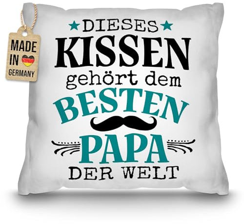 PR Print Royal Kissen mit Spruch - Dieses Kissen gehört dem besten Papa der Welt - Geschenk zum Vatertag, Geburtstag, inkl. Füllung, Weiß, 40 x 40 cm