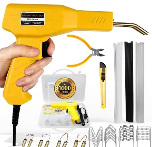 GARAY® SUPER Soldador de Plastico PROFESIONAL 100W + 1000 Grapas + 15 pcs de Varillas (negra,gris y blanca) | Soldadura laser | Kit Soldadura Ideal para Reparar Parachoques | Soldador Laser.