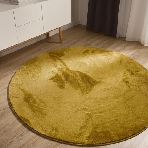 benuta Basic Kunstfaser Fellteppich Furry - Gelb rund 160 cm - Weicher Wohnzimmerteppich - Anti-Rutsch-Rückseite - Waschbar - Für Fußbodenheizung geeignet