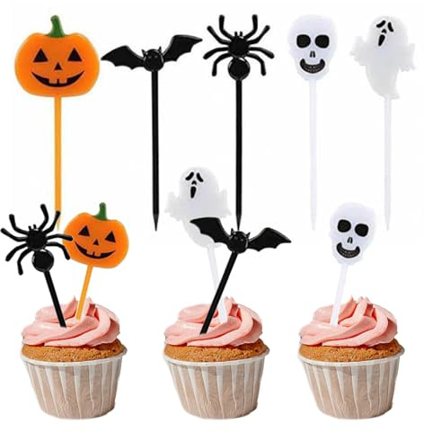 10Pcs Plastic Halloween Party Picks Cupcake Toppers,Halloween Cake Decorations Pumpkin Bat Skull Ghost Fruit Picks Food Cocktail Skewers Sticks for Appetizers Birthday Party Supplies
