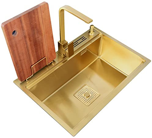 Grand évier en acier inoxydable doré de 21 cm de profondeur avec planche à découper intégrée et porte-couteaux, élégant et fonctionnel (60 x 46 x 21 cm)