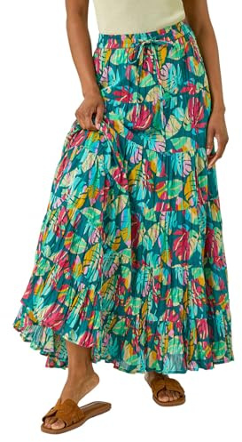 Roman Originals Gypsy Maxi Skirt for Women UK Ladies Tiered Bohemian Long Ankle Length Cotton Elasticated Waistband High Waist Monochrome Lounge Lightweight Holiday - Teal Multi - Size 10