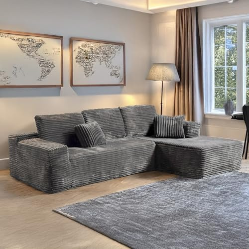 MN Furniture Corner Sofa L Shaped | No Assembly Required | Left & Right Hand Chaise Lounge | Jumbo Cord Fabric Couch | Living Room Sofa (Grey, Right Corner)