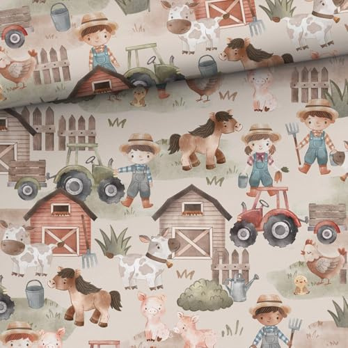 100x160cm Traktor & Bauernhof Jersey Stoff - Kinder Stoffe zum Nähen aus 92% Baumwolle - Jerseystoff mit Traktor Tiere Kuh Schaf Huhn Stall Mädchen Jungen - keine Meterware - Baumwolljersey