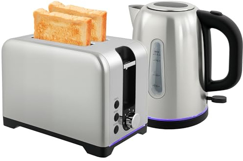 HOMCOM Kettle and Toaster Set, 1.7L 3000W Rapid Boil Jug Kettle with Otter Thermostat, Limescale Filter, 2 Slice Toaster with 7 Browning Controls, Crumb Tray, LED Strip, Silver Tone