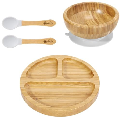 Vinsani Baby Bamboo Weaning Set, Suction Plate, Bowl & Spoon for Toddler | Food-Grade Silicone Baby Feeding Set, Non-Slip Base Bowl, BPA-Free Wooden Dinnerware for Kids - Grey