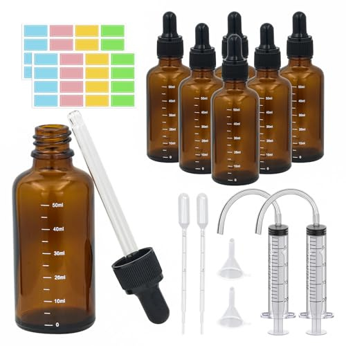 Episkey Glass Dropper Bottles 50ml,6 Pack Amber Glass Bottle with Dropper Pipettes Refillable Sample Dropper Bottle for Essential Oil DIY Massage Aromatherapy Laboratory(50ml,6)