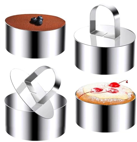 4 Piezas Aros Emplatar Acero Inoxidable, Moldes Cocina con Putter Moldes | Tartar Circular, Anillos de Postre Reutilizable para Mousse Tartas Pasteles Glaseados (8 CM)