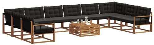 vidaXL Outdoor-Sofagarnitur mit Kissen 11 pcs Natürlich und Schwarz, Garten, modernes Sofa-Set für draußen, langlebige Loungemöbel, wetterfest, tolle Terrasse-Couch