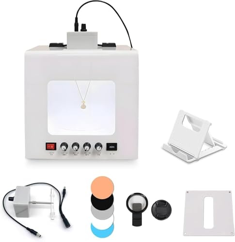 Jewelry Photography Kit, Mini Jewelry Photo Studio Kit, 360° Electric Turntable Jewe-lry Photography Kit, Adjustable LED Lights, Hanging Bracket for Small Item Photography with 4 LED Lights(TB200)