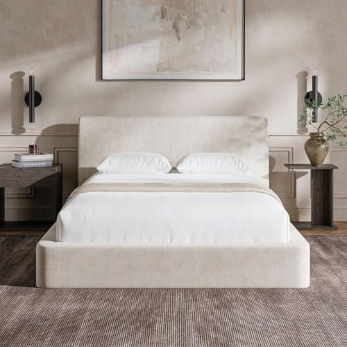 RECCI Polsterbett 140x200 cm, Weiches Schaumstoff-Bettgestell mit Ergonomischem Kopfteil, Vollgepolstertes Cloud-Design, Ohne Boxspring, Einfache Montage (Beige)