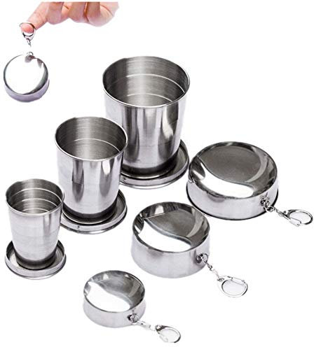 Gtell Confezione da 3 tazze pieghevoli da campeggio in acciaio inox, portatili, da viaggio, da escursionismo, smontabili, con portachiavi (tutte 1 piccola + 1 media + 1 grande)