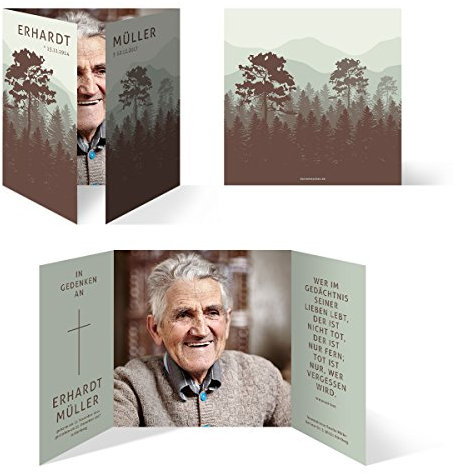 Sterbebild (50 Stück) Totenzettel Trauerkarten Individuell Personalisiert - stiller Wald in Grün und Braun