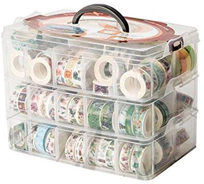 HomDSim Washi-Tape-Box, Organizer, Aufbewahrung, Trennwand, Schrankbehälter, mit 30 verstellbaren Fächern, transparent, Abdeckband, Desktop-Klebeband, DIY-Aufkleber, Rollbandschneider, Halterung,