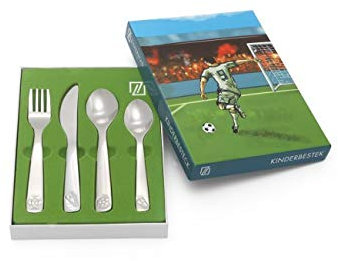 Brillibrum Set di posate per bambini, 4 pezzi, argento in acciaio inox, con incisione del nome con motivo calcio, regalo per battesimi, giocatori di calcio, ragazzi, idea regalo con incisione del nome