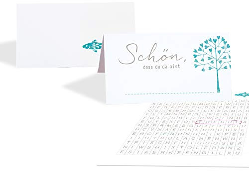 15 Tischkarten Set Platzkarten Taufe HERZBAUM Türkis mit SPIEL innenseitig, Tischkärtchen zum beschriften, Namenskarten, Taufe, Kommunion, Erstkommunion, Firmung, Jubiläum Geburtstag