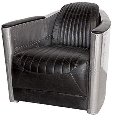 Casa Padrino Art Deco Aluminium Echtleder Sessel Schwarz/Silber 74,5 x 94 x H. 78 cm - Club Sessel - Lounge Sessel - Flugzeug Flieger Möbel