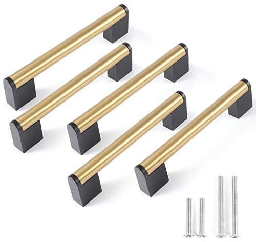 FULGENTE Gebürstetes Messing Küchengriffe, Küche Kabinett Stangengriff 5 Stück Möbelgriffe 128mm Lochabstand Golden Griffe Möbel Gold Schwarz Edelstahl Relinggriffe für Küchenschränke