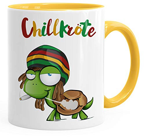 MoonWorks® Kaffee-Tasse Chillkröte Schildkröte Rastafrisur Joint Comic Stil Kaffeetasse Fun-Tasse Gelb Keramik-Tasse