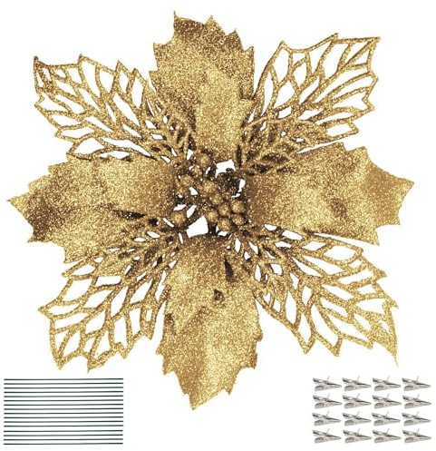DWTECH 16 Pack Christmas Poinsettia Flowers with 16 Peduncles & 16 Clips,16cm/6.3’’ Artificial Flowers Glitter Poinsettia Christmas Wreath Christmas Tree Ornaments for Christmas Decorations(Gold)