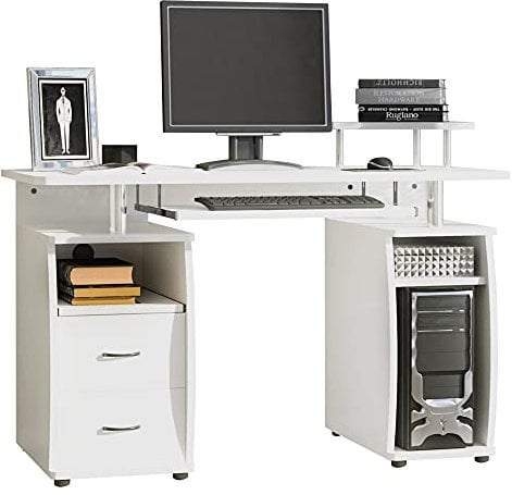 HOMCOM Computer Desk Office PC Table Workstation with Keyboard Tray, CPU Shelf, Drawers, Sliding Scanner Shelf, White 120 x 55 cm