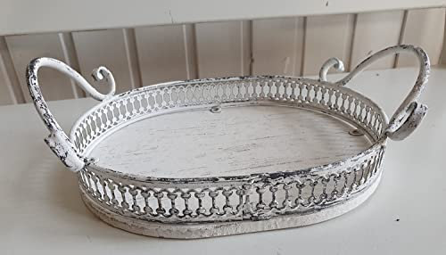 Dekotablett Kezentablett Weiß OVal Holz Metall Shabby Chic 26,5 x18 x 9 cm