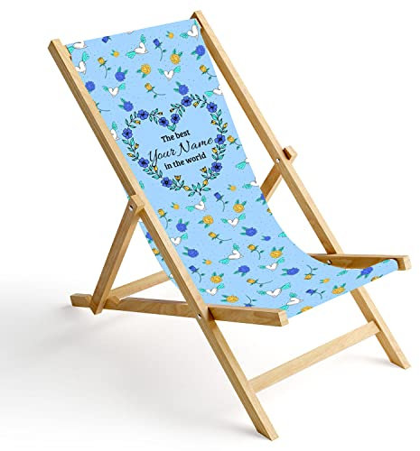 Ferocity Personalisierbarer Holz-Liegestuhl Klappbar Klappliegestuhl Sonnenliege Strandstuhl Wechselbezug Motiv Blau Herz [119]