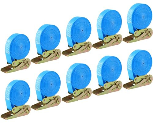 Lot de 10 Sangles d'arrimage à cliquet, 6 m x 25 mm, Charge 800 kg, Sangles de Tension Robustes, Sangles à cliquet, Sangles de Tension Robustes pour Motos, Marchandises, Bagages, Bleu