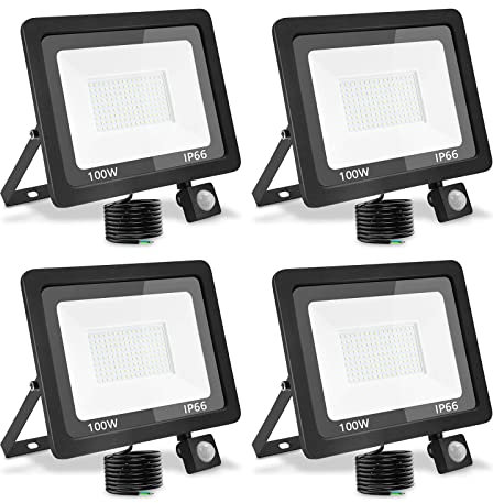 treoir LED Strahler Außen mit Bewegungsmelder 100W, Superhell 10000LM Led Außenstrahler 6000K LED Fluter Flutlicht, IP66 Wasserdicht LED Scheinwerfer für Garten,Garage,Hof(Kaltes Weiß-4pcs,100W)