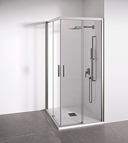 Mampara de ducha angular 2 correderas + 2 fijos - sin perfilería inferior - Cristal transparente templado 6mm Antical - Plata Brillo - Ancho adaptable 77-79 x 97-99 cm - Alto 195 cm