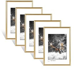 Dmyifan 5er Bilderrahmen 10×15 cm Gold Set, Fotorahmen mit Plexiglas, Hoch- und quer aufhängbarer Rahmen für Fotos. Portraits | Picture Frame