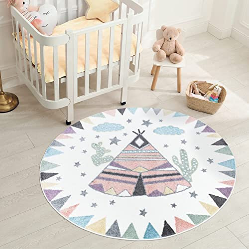 carpet city Teppich Kinderzimmer Indianer-Look 120 cm Rund - Creme, Multi - Runder Kinderteppich Kurzflor mit Tipi-Zelt - Weicher Flor