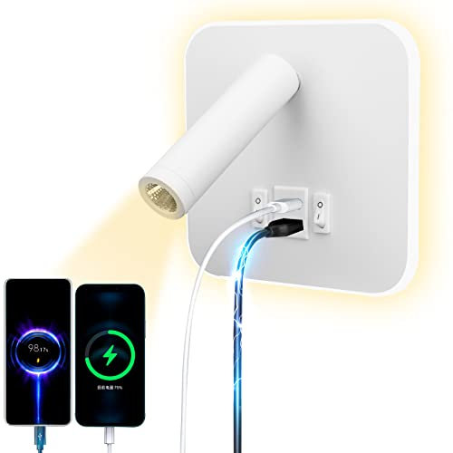 uksunvi LED lampe de lecture lampe murale USB type - C double interrupteur de bouche de charge réglable 12W spot LED 3000k lampe murale aluminium lit lumière pivotante (Carré Blanc)