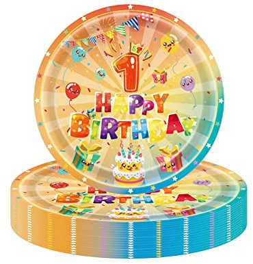 16Pc 1st Birthday Paper Plates 7,Colourful First Birthday Tableware Party Plate Disposable,Happy 1st Birthday Table Decorations Plate Luncheon Plates for Baby Girls/Boys 1st Birthday Party Decoration