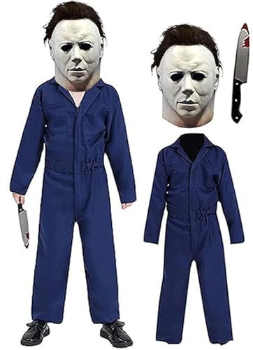 SINSEN 3PCS Michael Myers Kostüm für Kinder Michael Myers Overall Gruselige Killer Latexmaske mit Blutspielzeug Halloween Weihnachts Cosplay Outfits für Jungen Mädchen